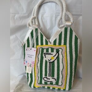 NWT Hand Beaded Martini Glass Tote | Handmade in India | Statement Summer Bag